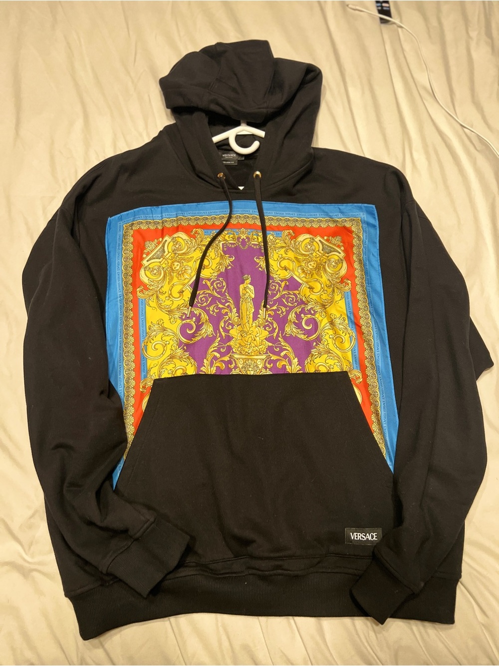 Versace Black Hoodie with Blue, Purple and Gold Baroque Panel